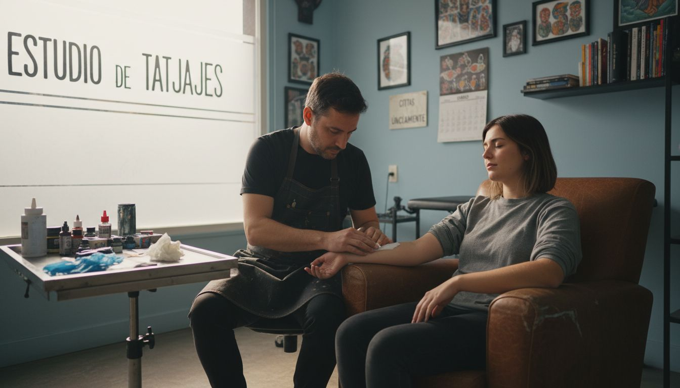 El tatuador le aplica crema anestésica al cliente antes de comenzar la sesión.