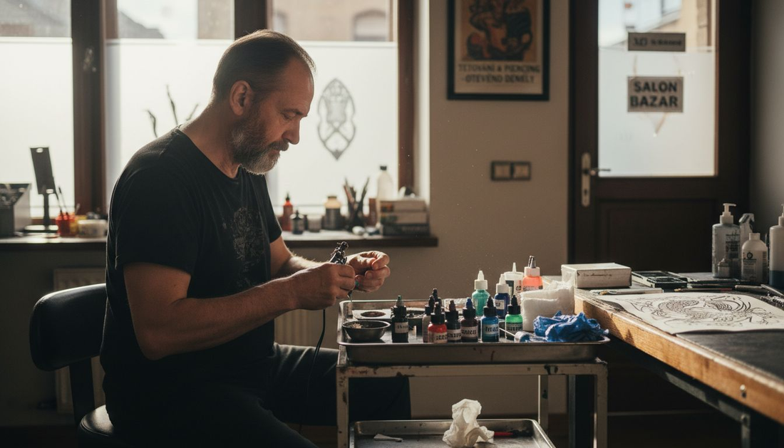 Tatér se chystá na dalšího zákazníka – připravuje si pracovní místo, kontroluje nástroje a ladí poslední detaily motivu.