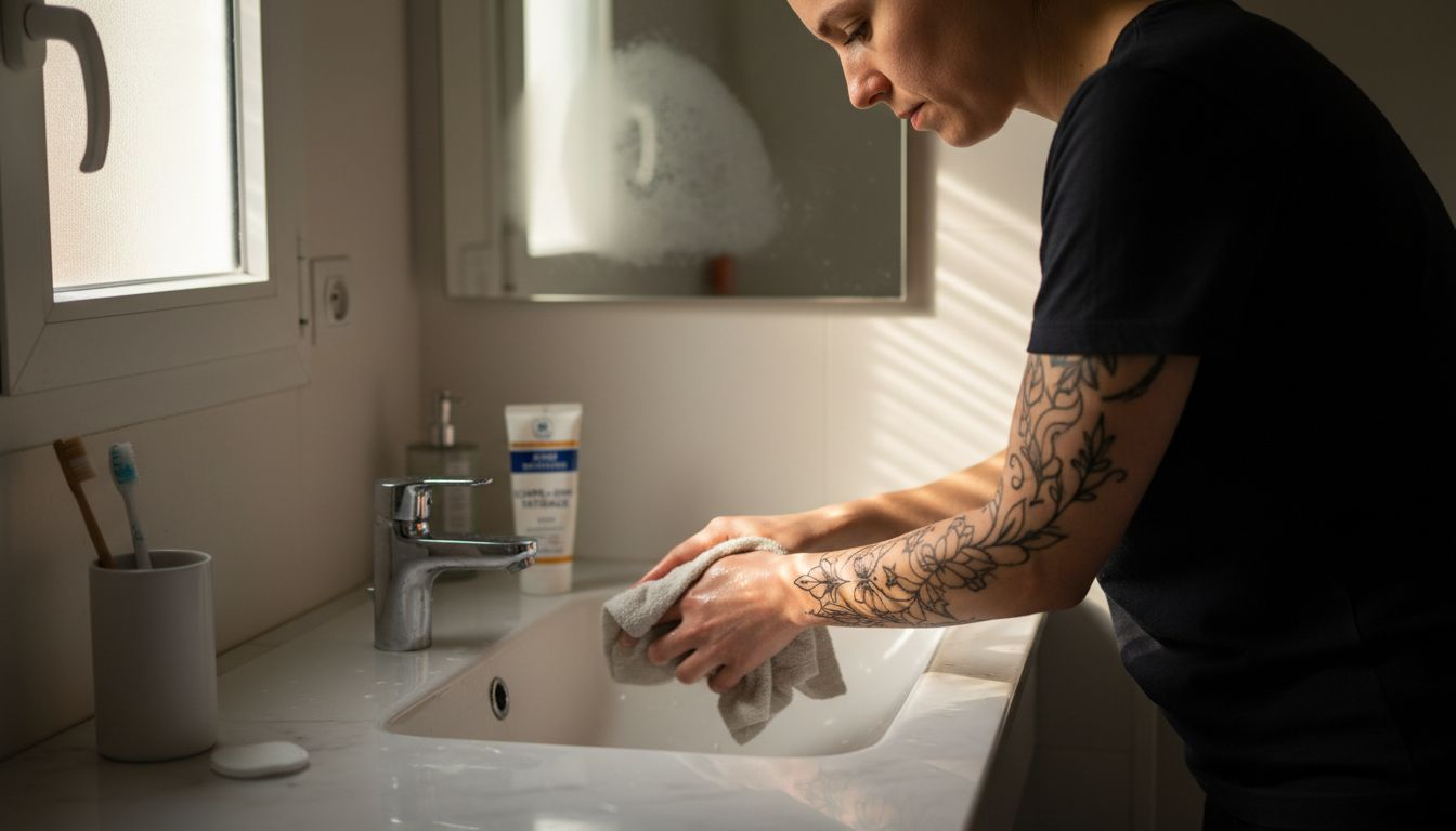 Une femme prend soin de son nouveau tatouage devant le miroir de sa salle de bain.