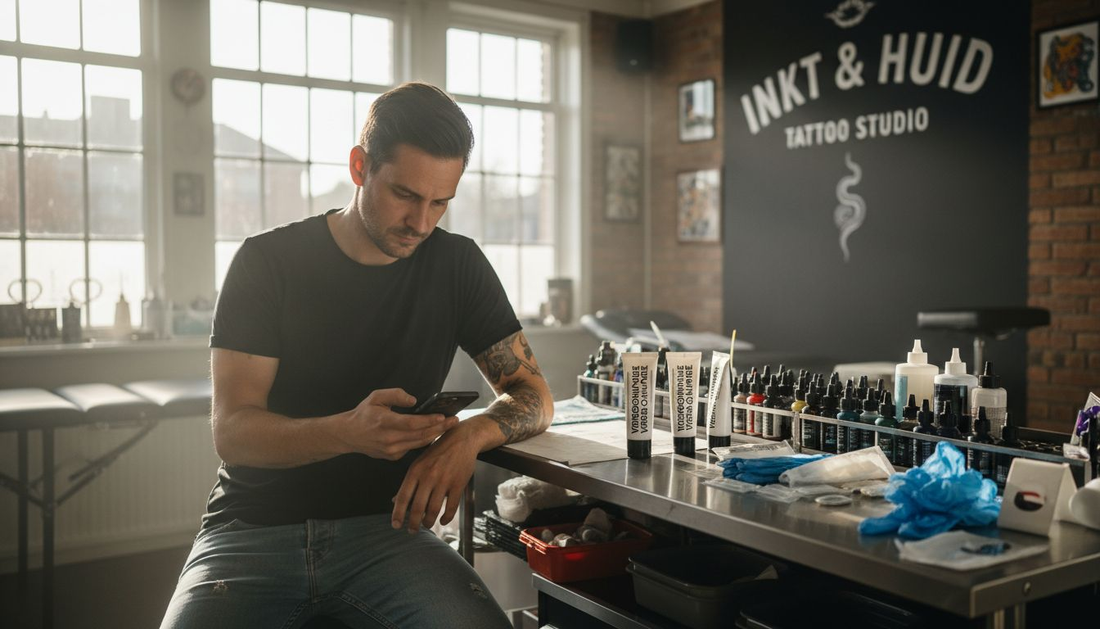 Een tatoeëerder maakt zijn werkplek klaar zodat alles voldoet aan de hygiënevoorschriften.