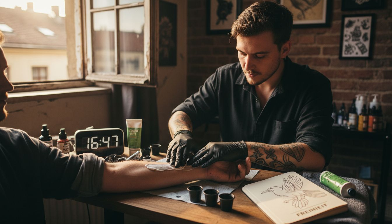 Bevor das Tattoo gestochen wird, trägt der Tätowierer eine betäubende Creme auf die Haut auf.