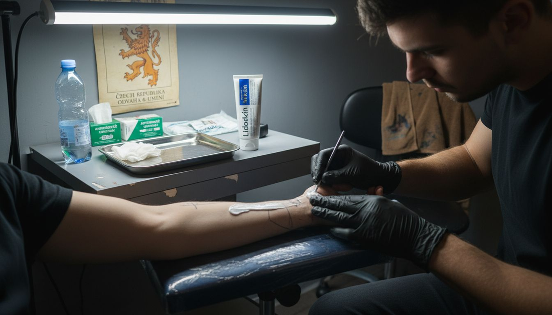 Tatér nanáší klientovi na ruku speciální krém.