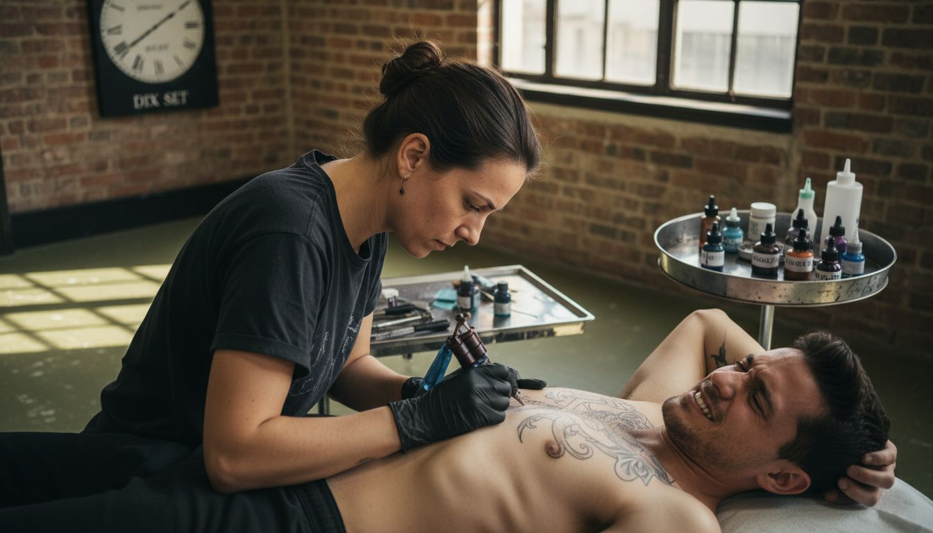 Un tatoueur en pleine réalisation d’un motif sur les côtes de son client.