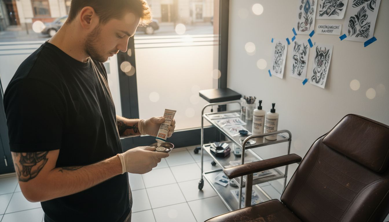 Tatér si ve studiu připravuje anestetický krém před zahájením tetování.