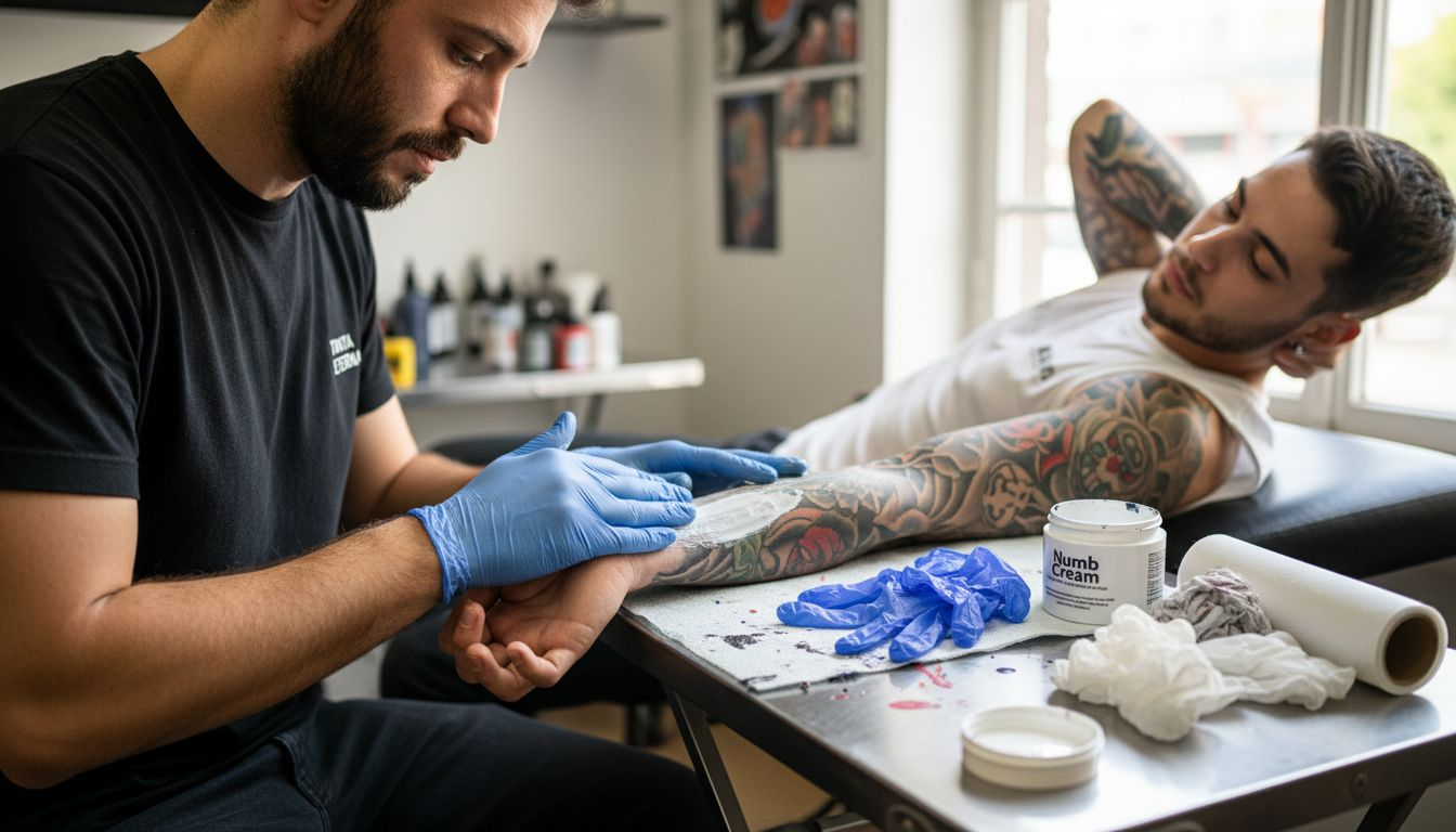 El tatuador está aplicando crema anestésica sobre la piel del cliente antes de empezar con el tatuaje.