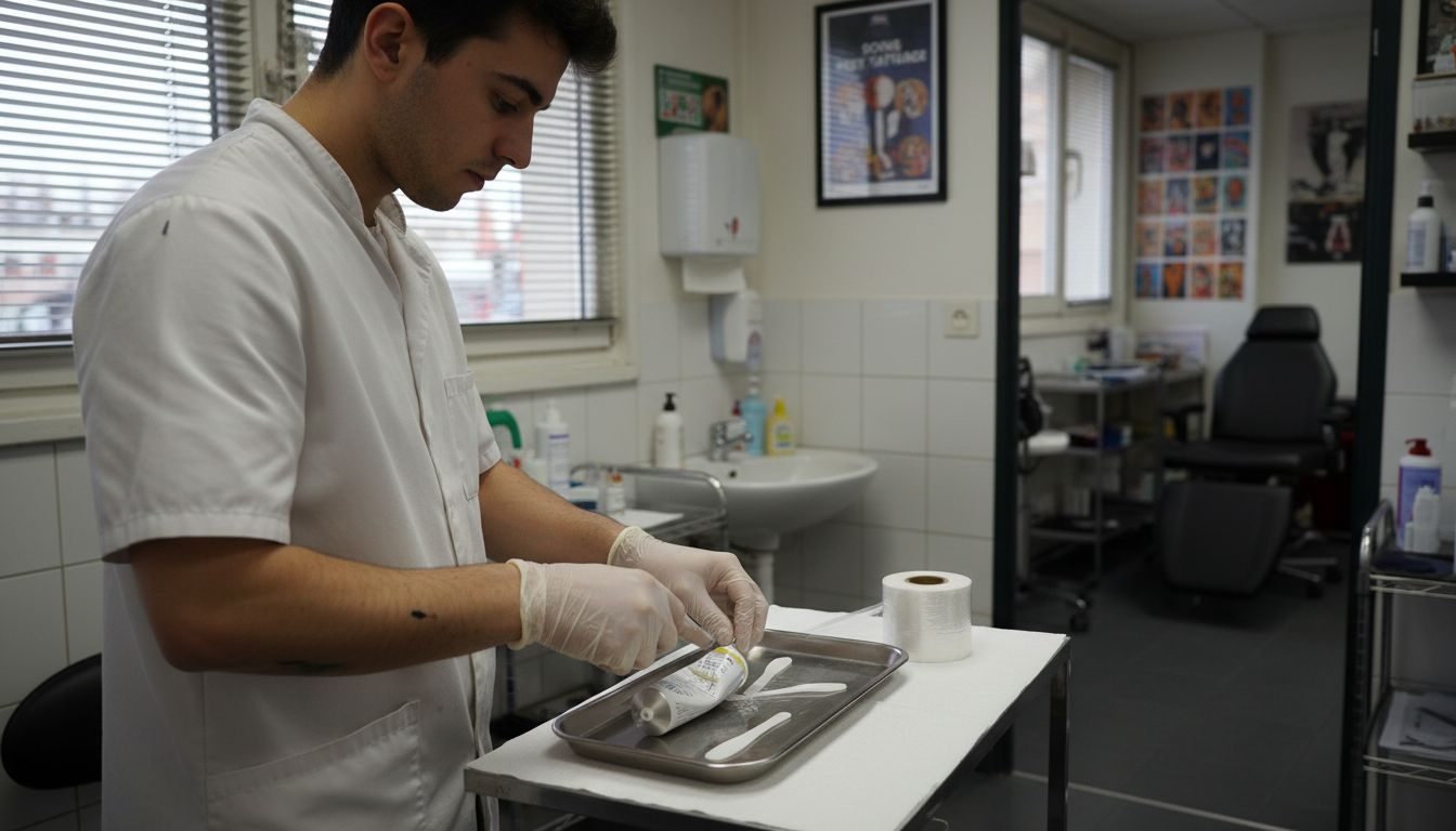 Application de la crème anesthésiante avant la séance de tatouage en studio