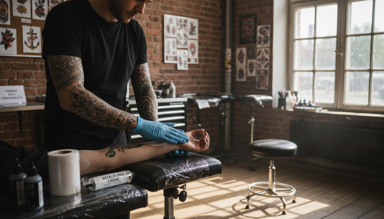 Ein Tätowierer trägt eine betäubende Creme auf die Haut seines Kunden auf, um das Stechen angenehmer zu machen.