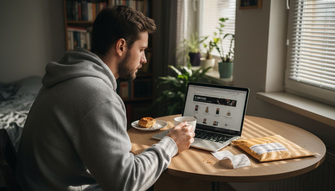 Muž sedí u kuchyňského stolu a na internetu vybírá znecitlivující krémy.