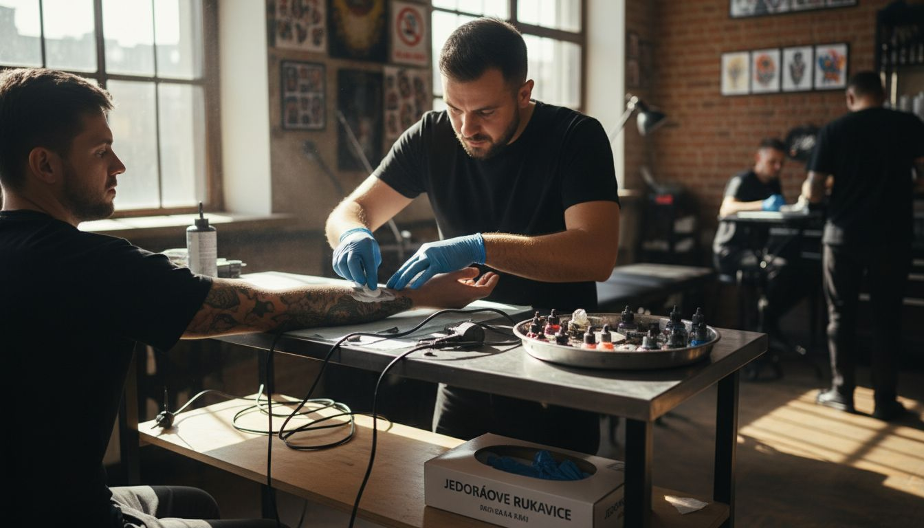 Tatér nanáší krém na čerstvé tetování ve svém studiu.