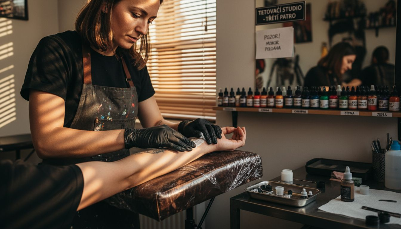 Tatér nanáší znecitlivující krém před tetováním.