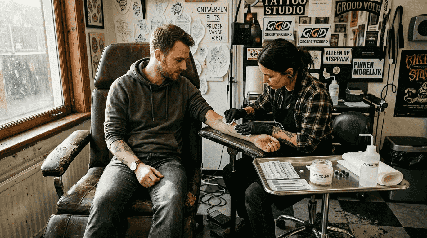 De klant is helemaal klaar voor een pijnloze tattoosessie.