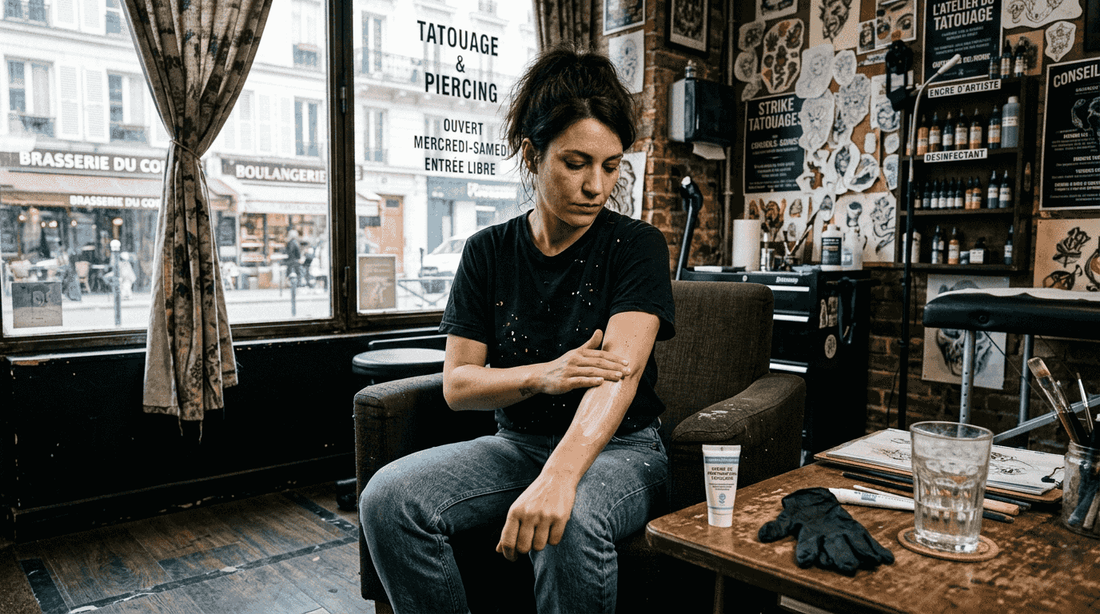 Une femme prépare sa peau en appliquant une crème avant de se faire tatouer.