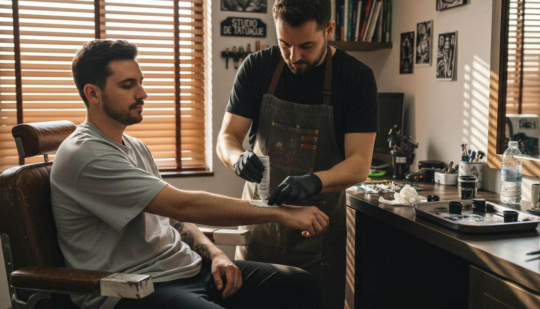 Le tatoueur applique une crème anesthésiante sur l'avant-bras de son client avant de commencer le tatouage.