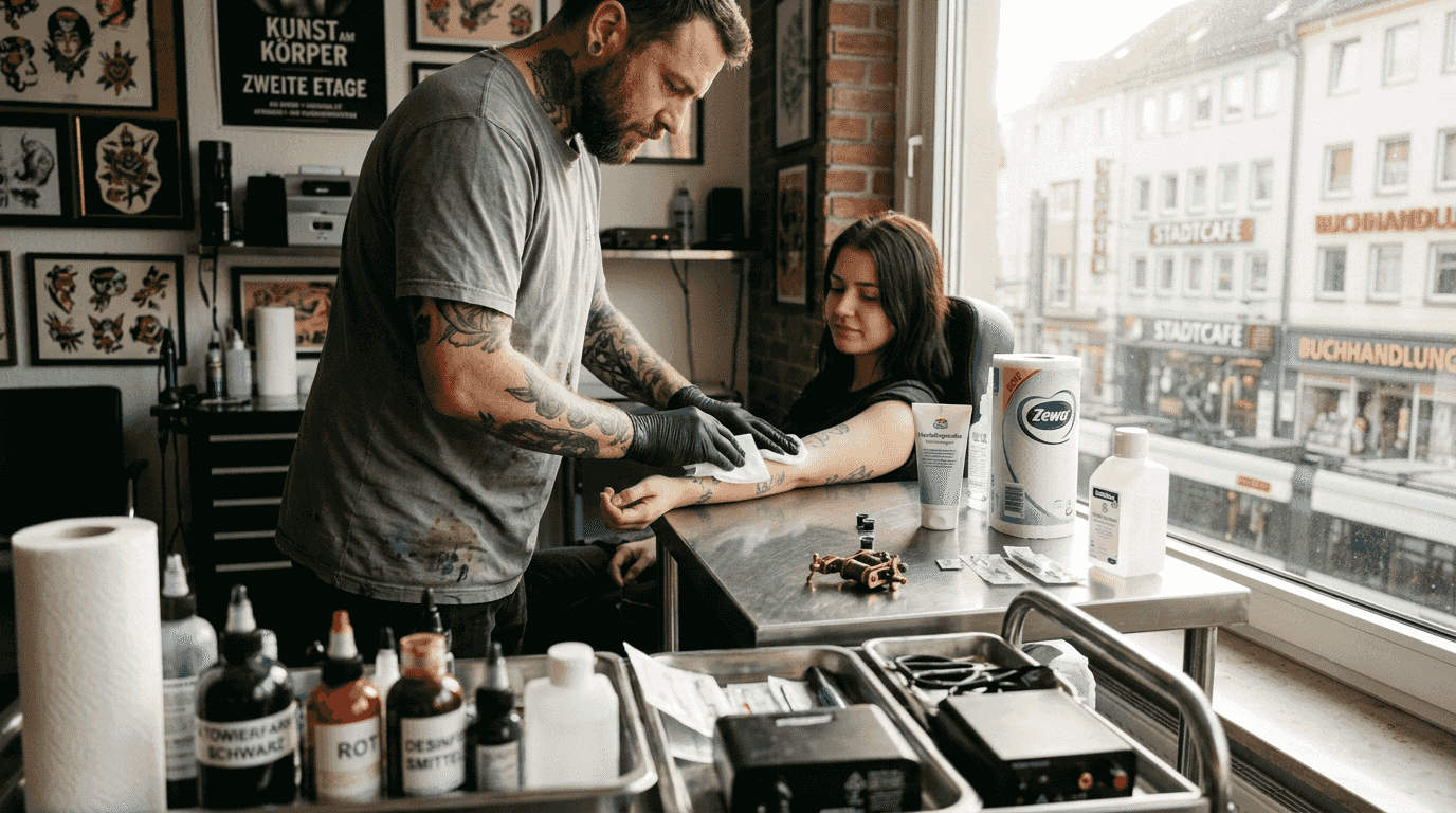 Ein Tätowierer bereitet seinen Kunden im Studio sorgfältig und unter Einhaltung aller Hygienestandards auf die Sitzung vor.