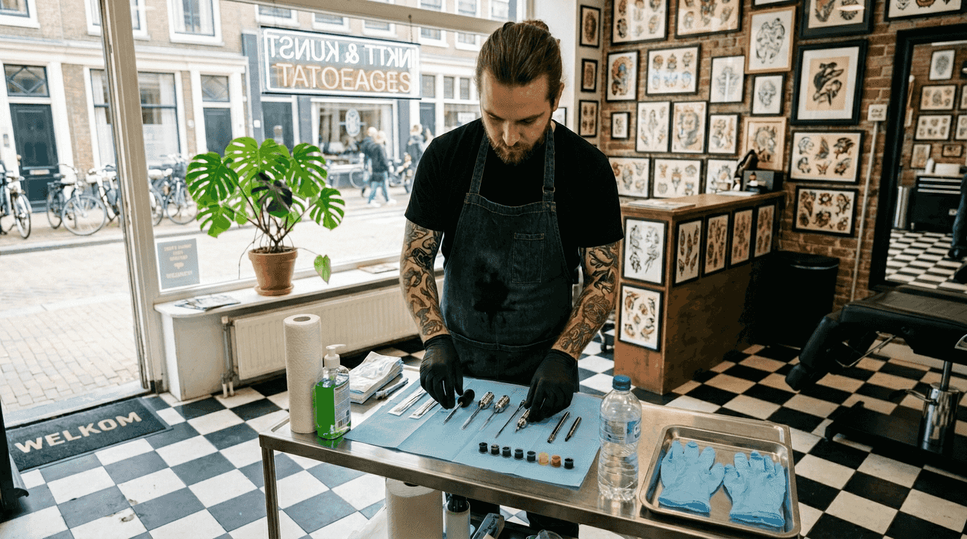 Een tatoeëerder die zijn werkplek zorgvuldig schoon en hygiënisch inricht.