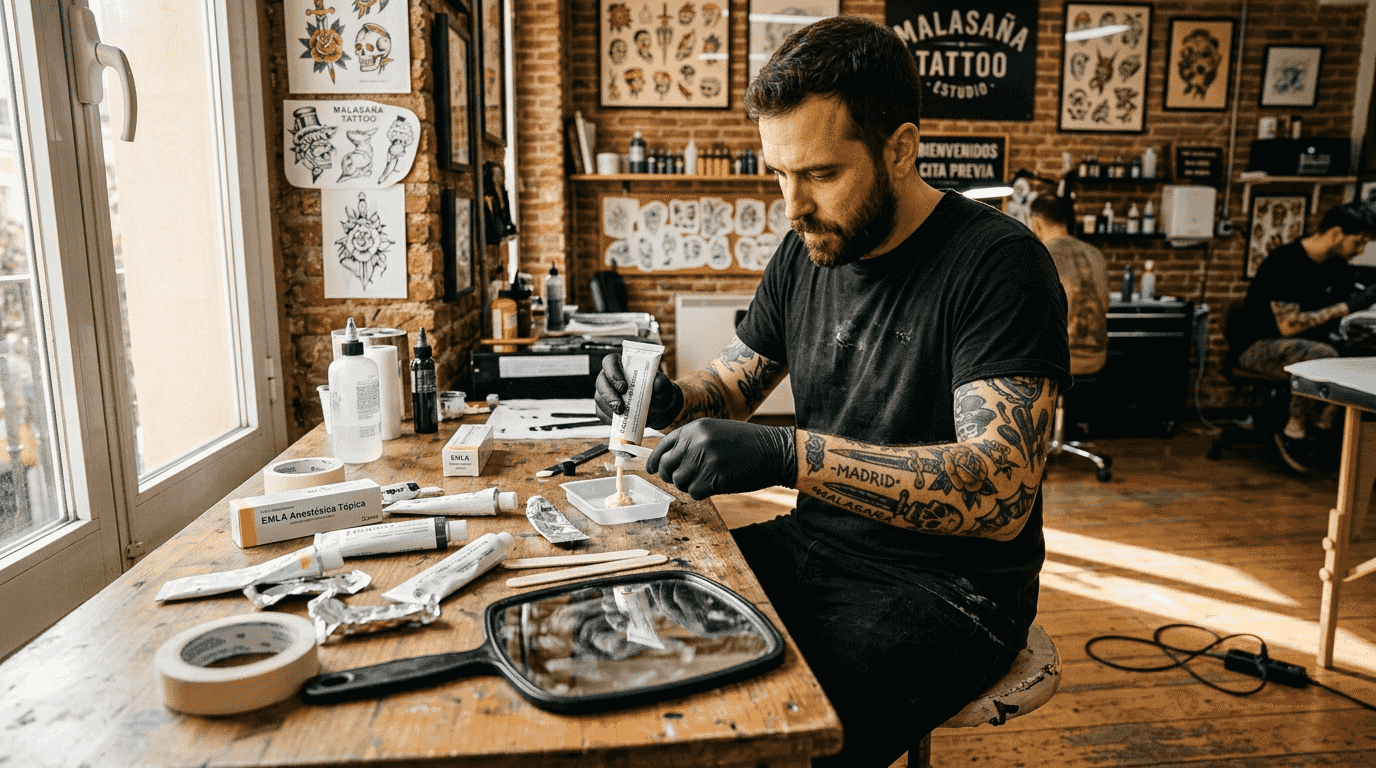El tatuador aplica crema anestésica antes de comenzar la sesión en su estudio.