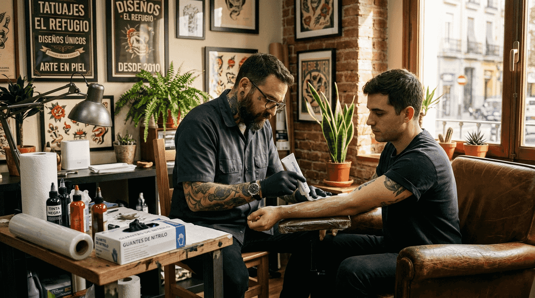El tatuador aplica crema anestésica antes de empezar la sesión en el estudio.