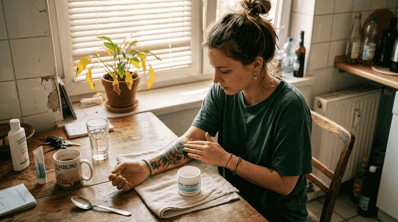 In der Küche trage ich vorsichtig Creme auf mein frisches Tattoo auf.