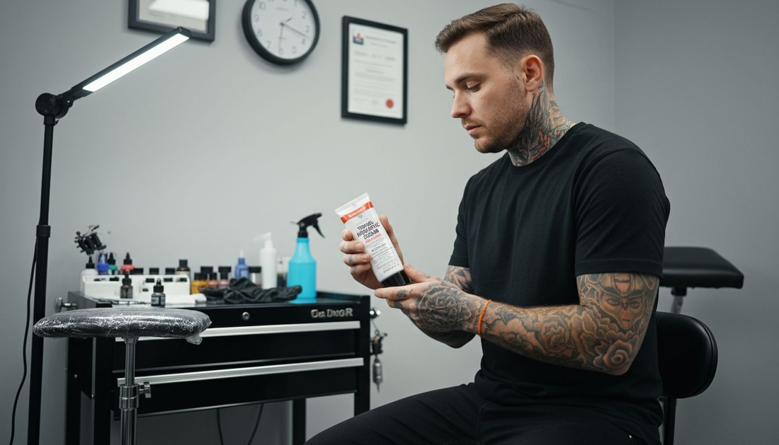Client checks numbing cream in tattoo studio