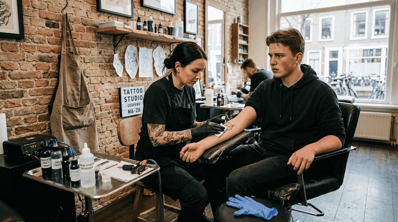 Tattoo-artiest maakt gevoelige onderarm van klant klaar voor de sessie