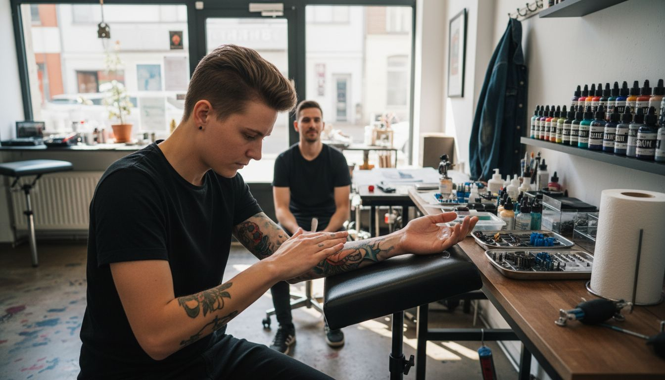 Ein Tätowierer bereitet den Arm seines Kunden im Studio für die Tät Epilierung vor.