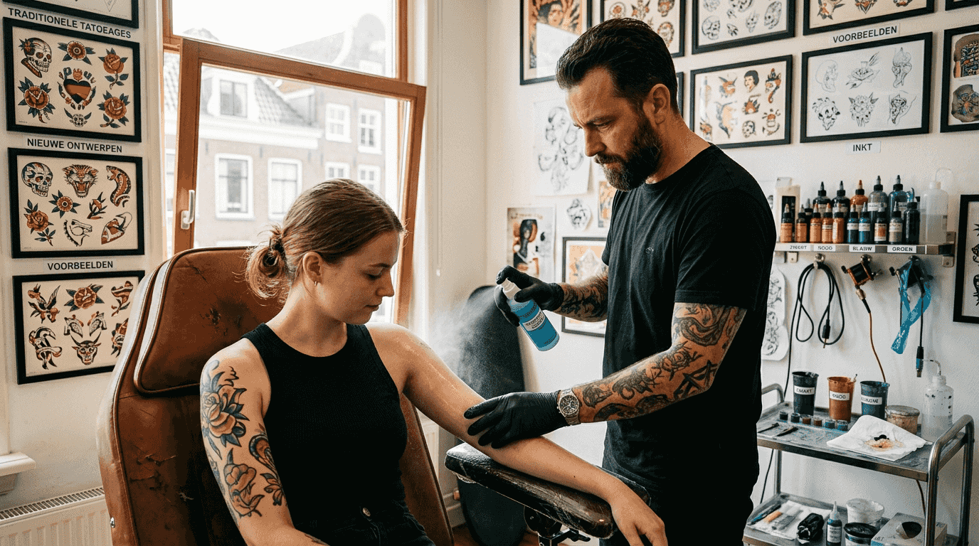In een drukke tattooshop maakt de artiest een klant klaar voor zijn nieuwe tattoo.