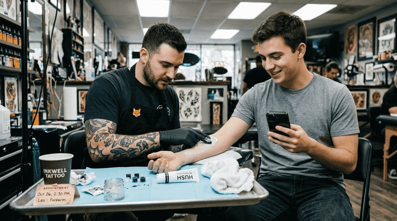 Tattoo artist applying numbing cream to client