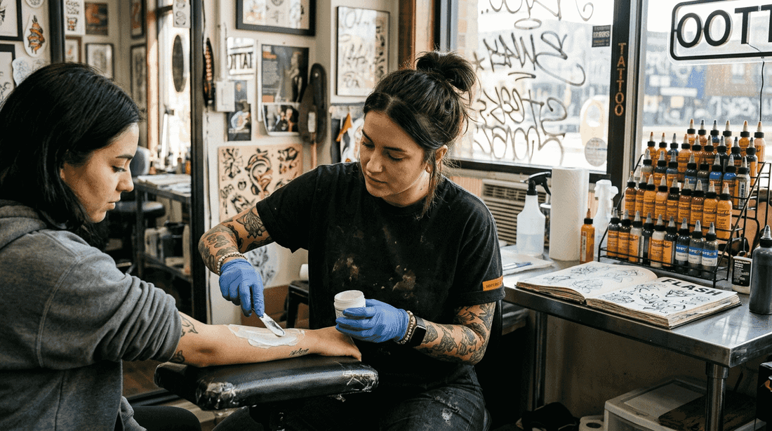 Tattoo artist applying numbing cream to client