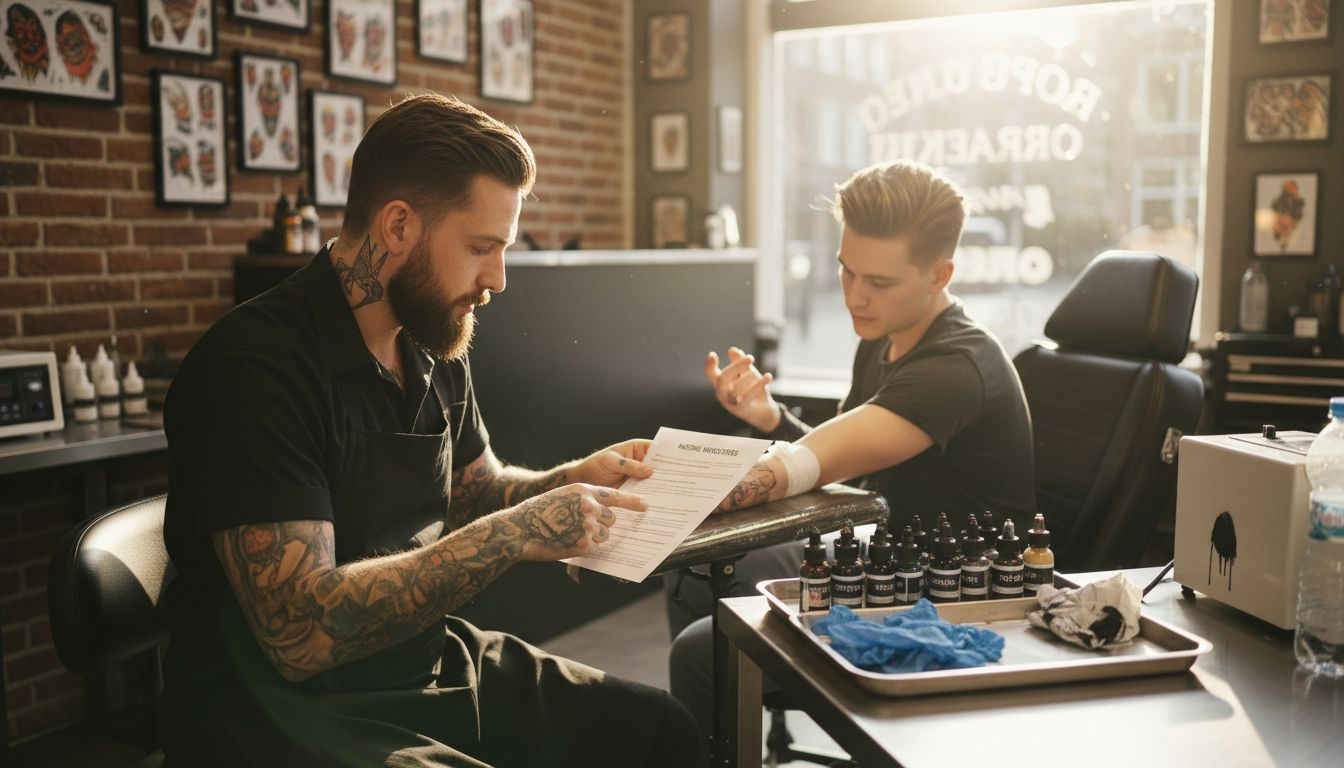 De tatoeëerder en de klant nemen samen rustig door hoe ze het beste de nieuwe tattoo kunnen verzorgen.