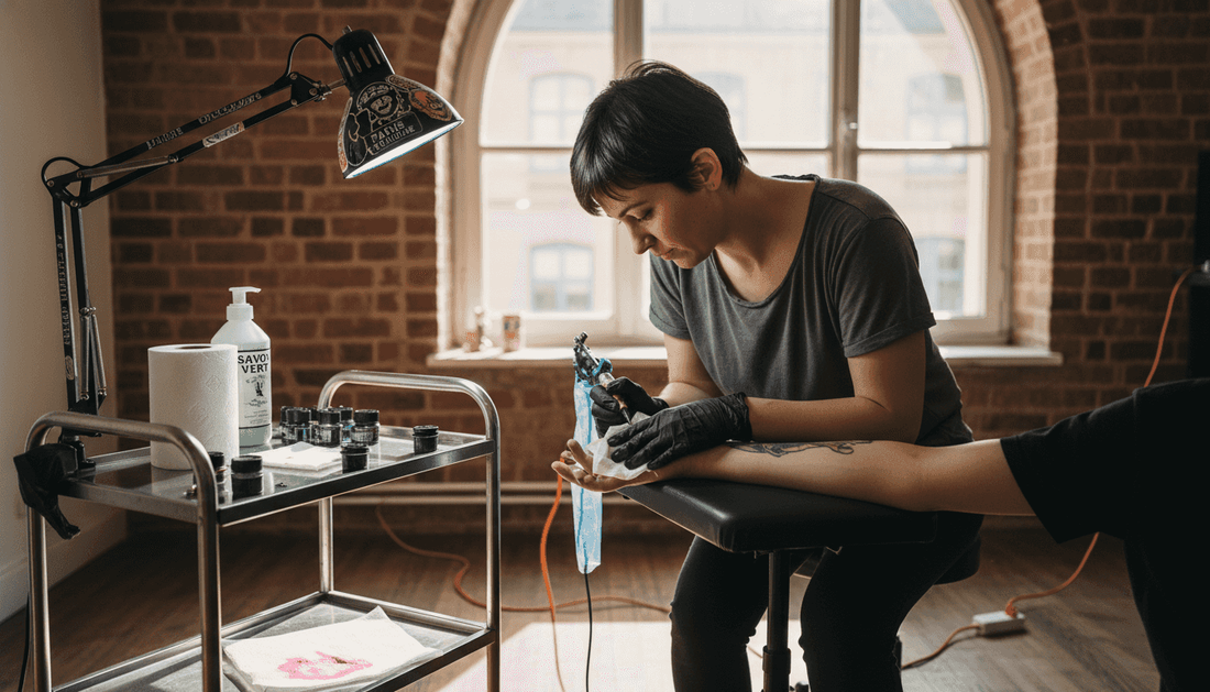 Dans son atelier en plein cœur de la ville, un tatoueur s’affaire à préparer son client avant de passer à l’aiguille.