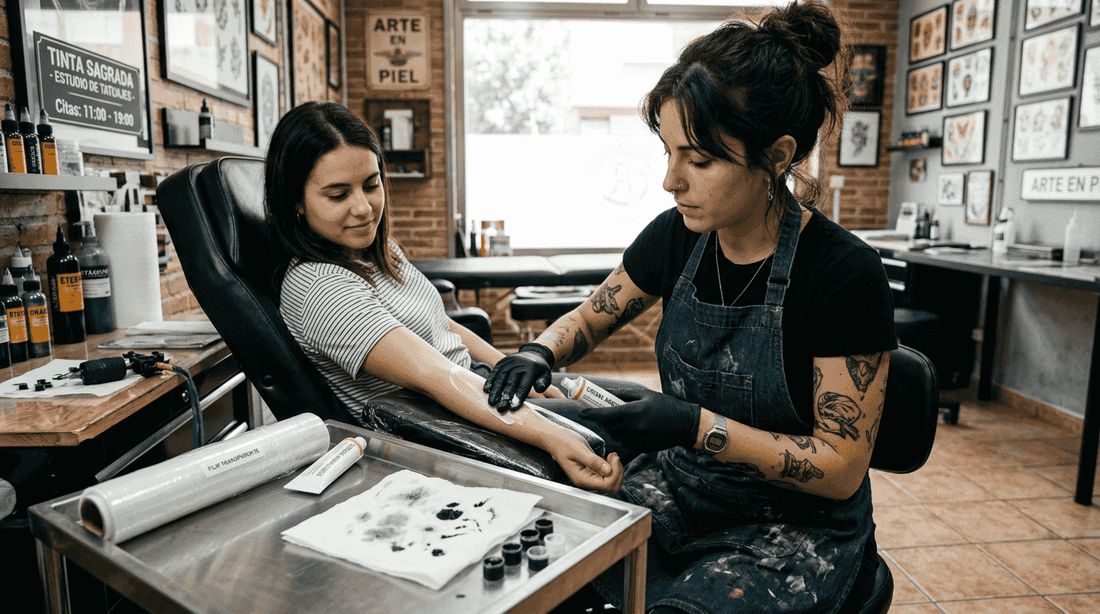 El tatuador aplica crema anestésica antes de comenzar la sesión en el estudio.