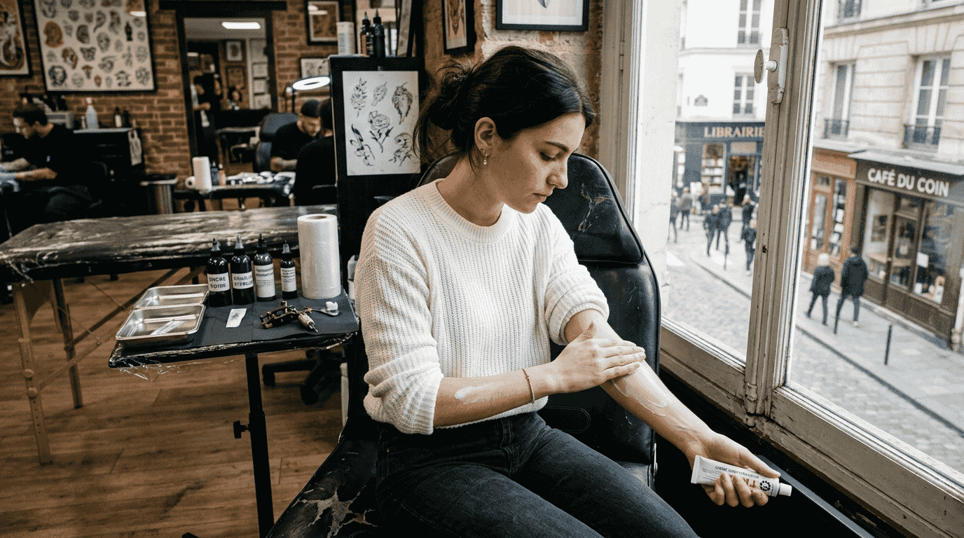 Une jeune femme prend soin de son nouveau tatouage en appliquant de la crème dans un salon.