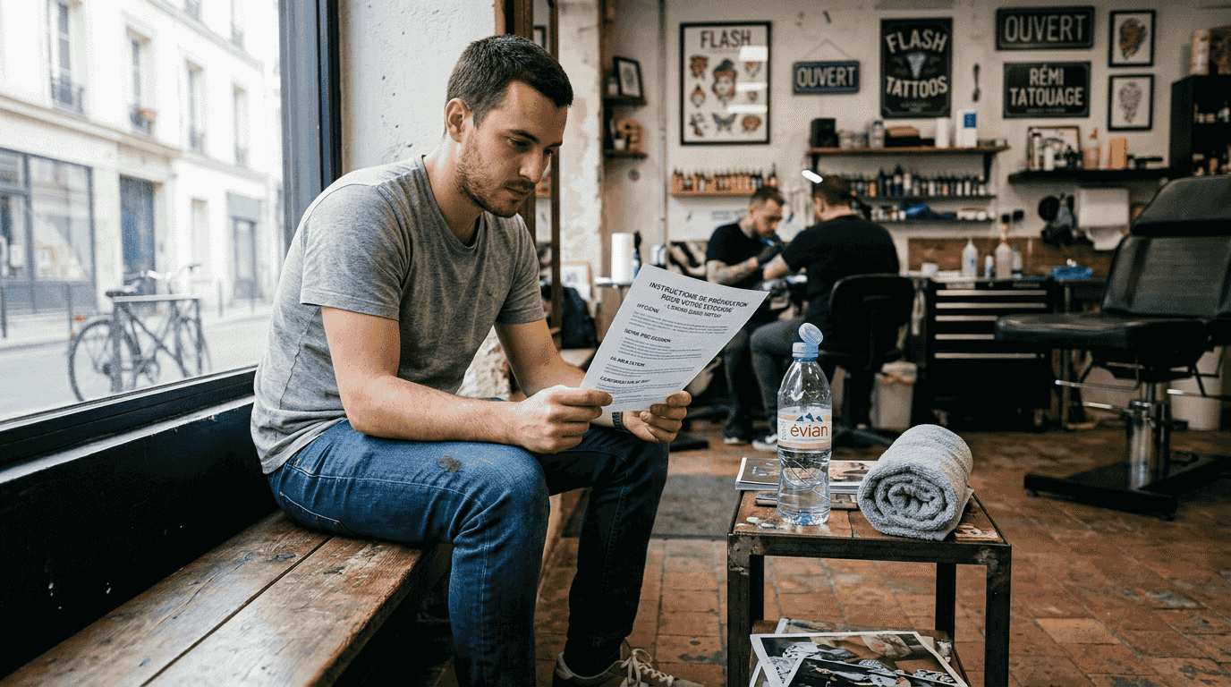 Un homme se prépare à réaliser une séance de tatouage dans son studio.