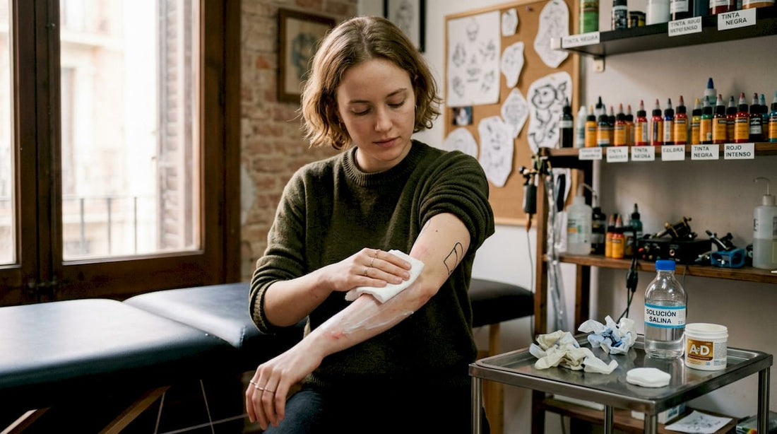 Una persona se limpia la crema anestésica del antebrazo.