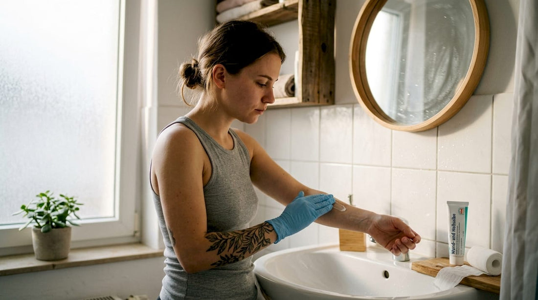 Eine Frau cremt ihre Haut ein, bevor sie sich tätowieren lässt.