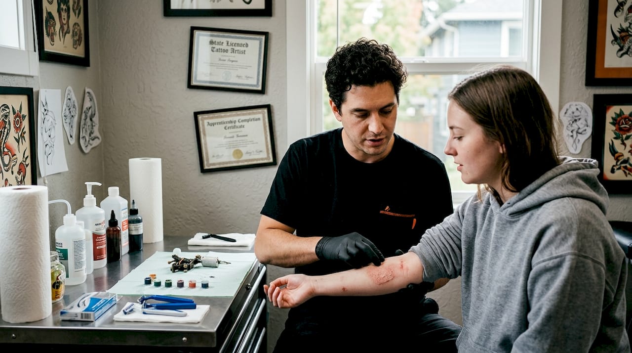 Tattoo artist consulting on sensitive skin