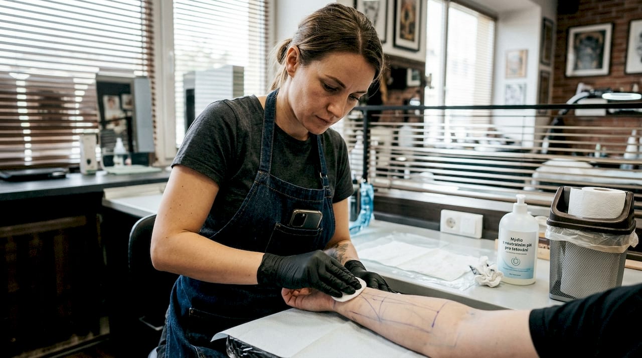 Tatér pečlivě čistí klientovi ruku před začátkem tetování v ateliéru.