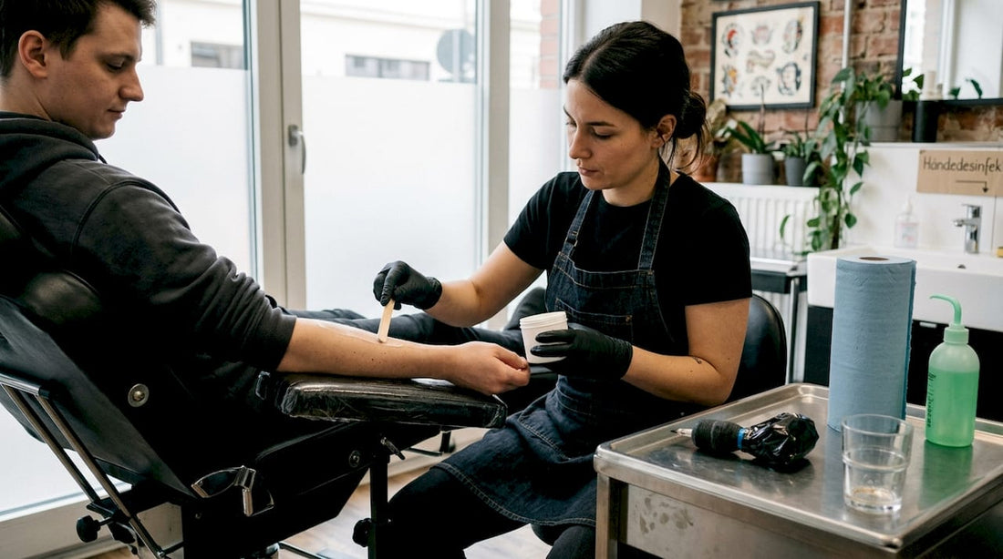 Der Tätowierer trägt eine pflegende Creme auf den Arm des Kunden auf.