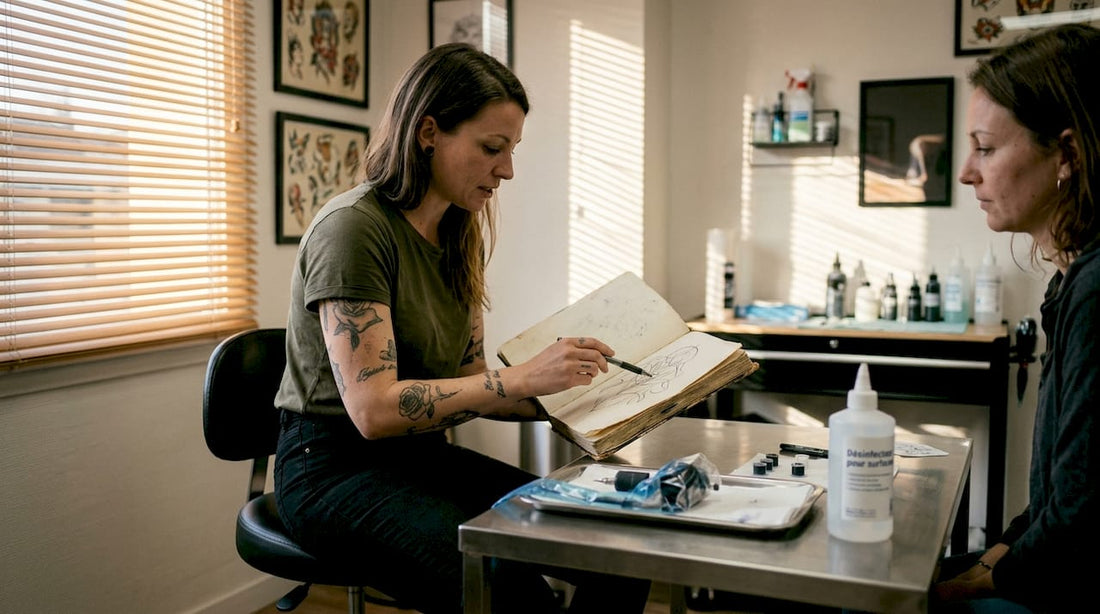 Un tatoueur échange avec un client pour discuter de son projet dans son atelier.