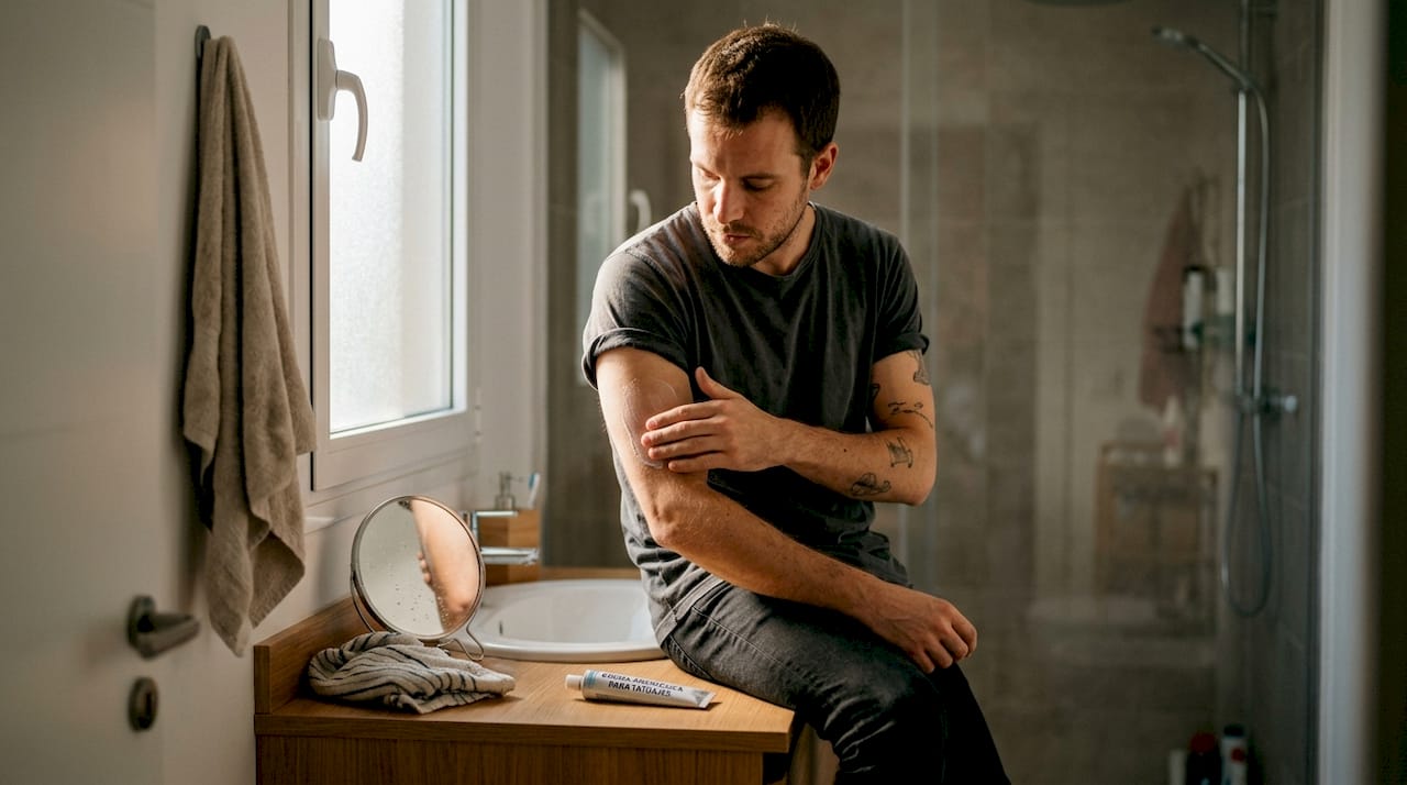 Hombre aplicándose crema anestésica antes de tatuarse en casa
