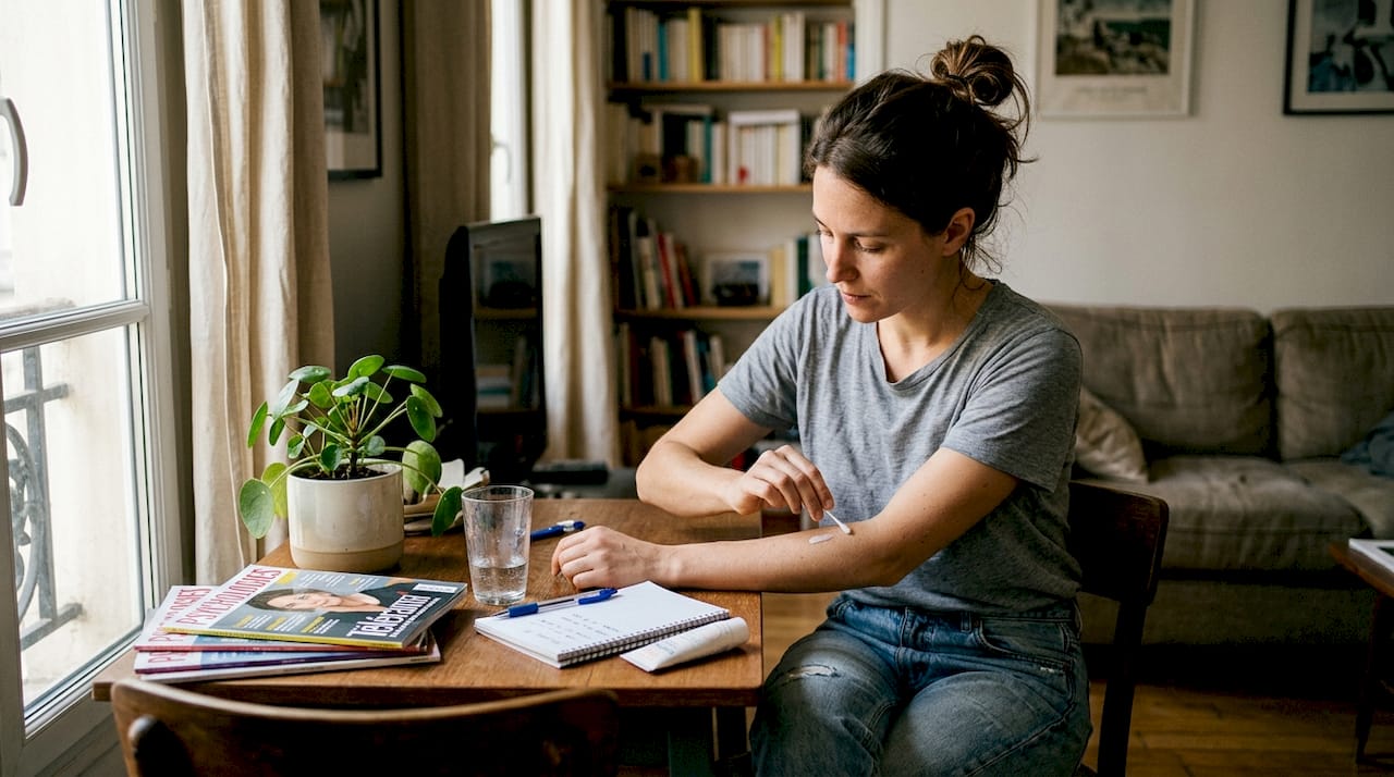 Chez elle, une femme prend soin de sa peau en appliquant une crème sur son avant-bras.