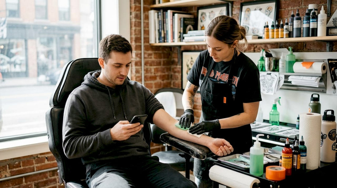 Tattoo client relaxed in comfortable studio