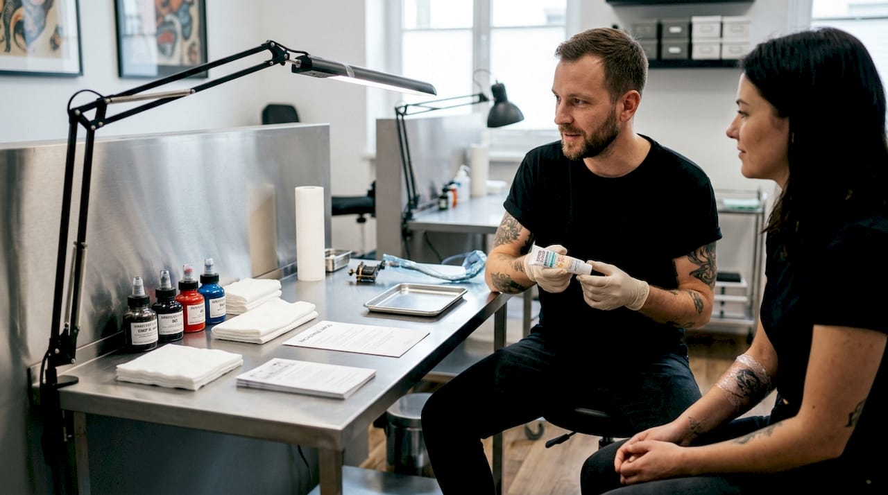 Der Tätowierer erklärt seinem Kunden, worauf er bei der Pflege des frischen Tattoos achten muss.