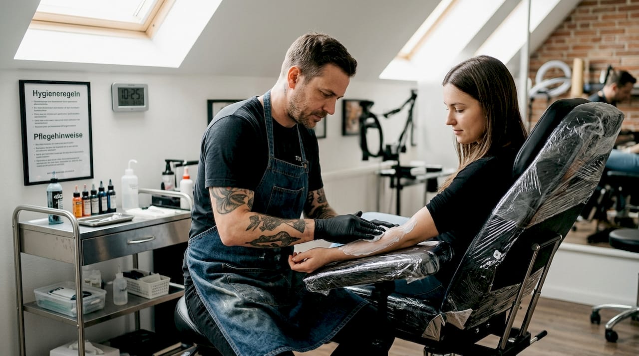 Der Tätowierer trägt nach dem Stechen vorsichtig eine Pflegecreme auf den Arm des Kunden auf.