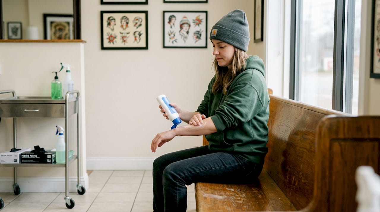 Person moisturizing forearm before tattoo session