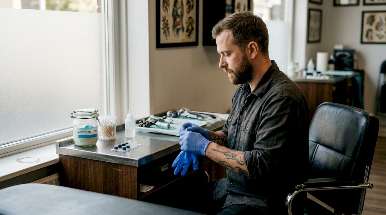 De tatoeëerder maakt zijn werkplek klaar en brengt verdovende crème aan ter voorbereiding op de sessie.