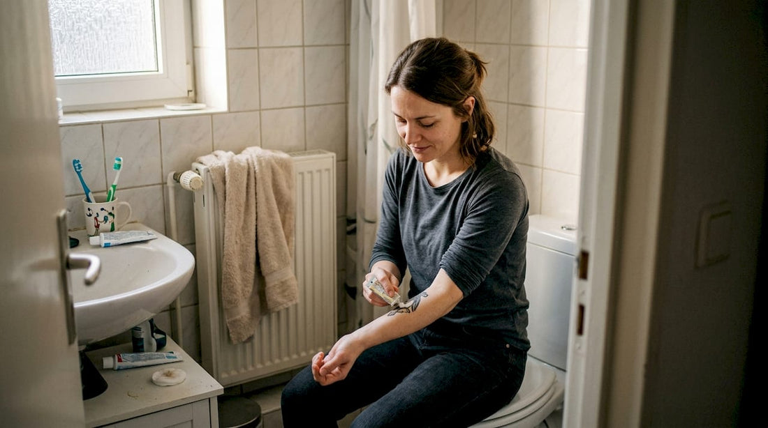 Eine Frau pflegt ihr frisch gestochenes Tattoo im Bad mit einer speziellen Creme.