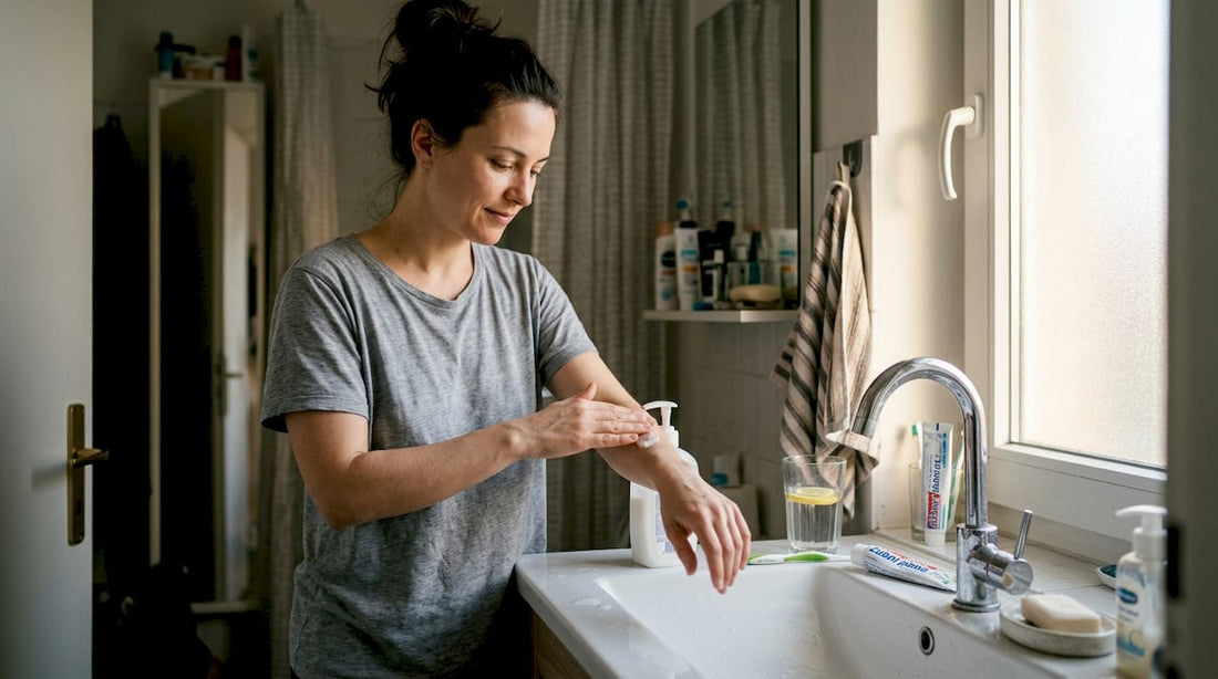 Žena si u umyvadla v koupelně pečlivě nanáší hydratační krém na ruku.