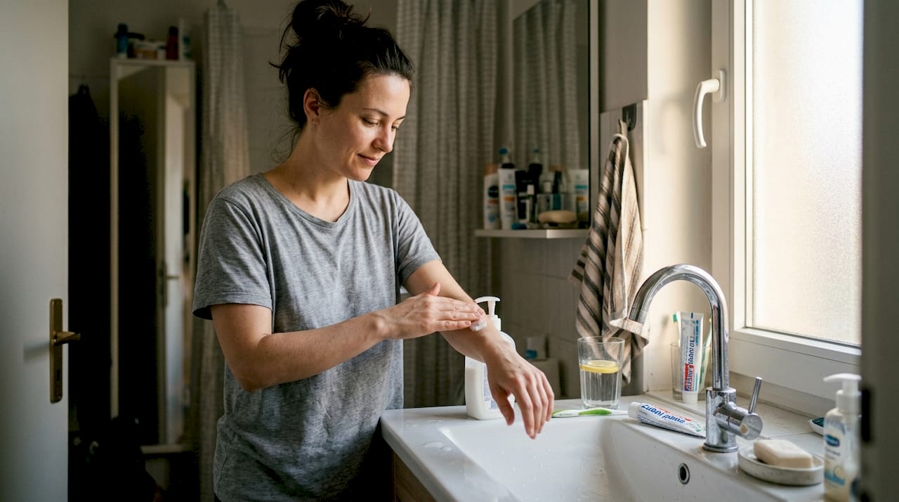 Žena si u umyvadla v koupelně pečlivě nanáší hydratační krém na ruku.