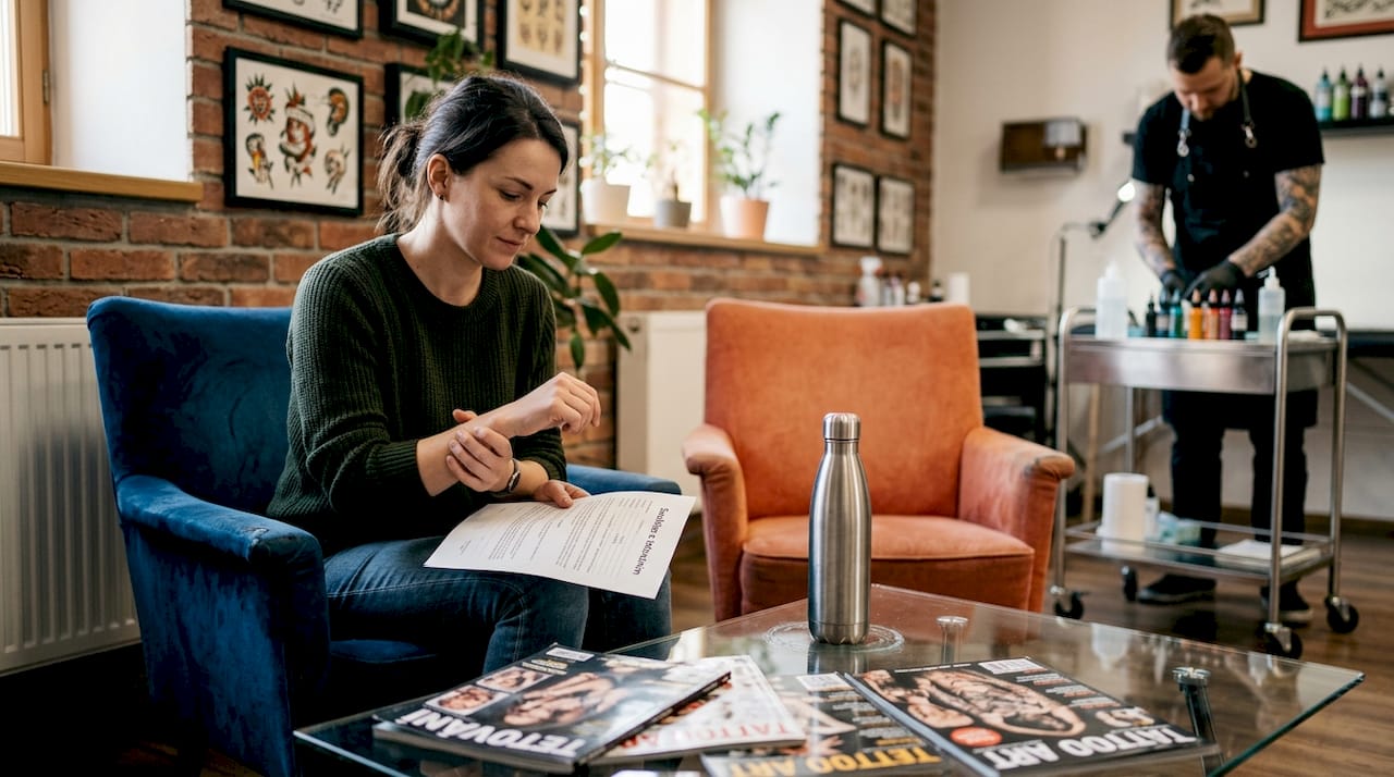 Zákazník čekající v salonu na tetování